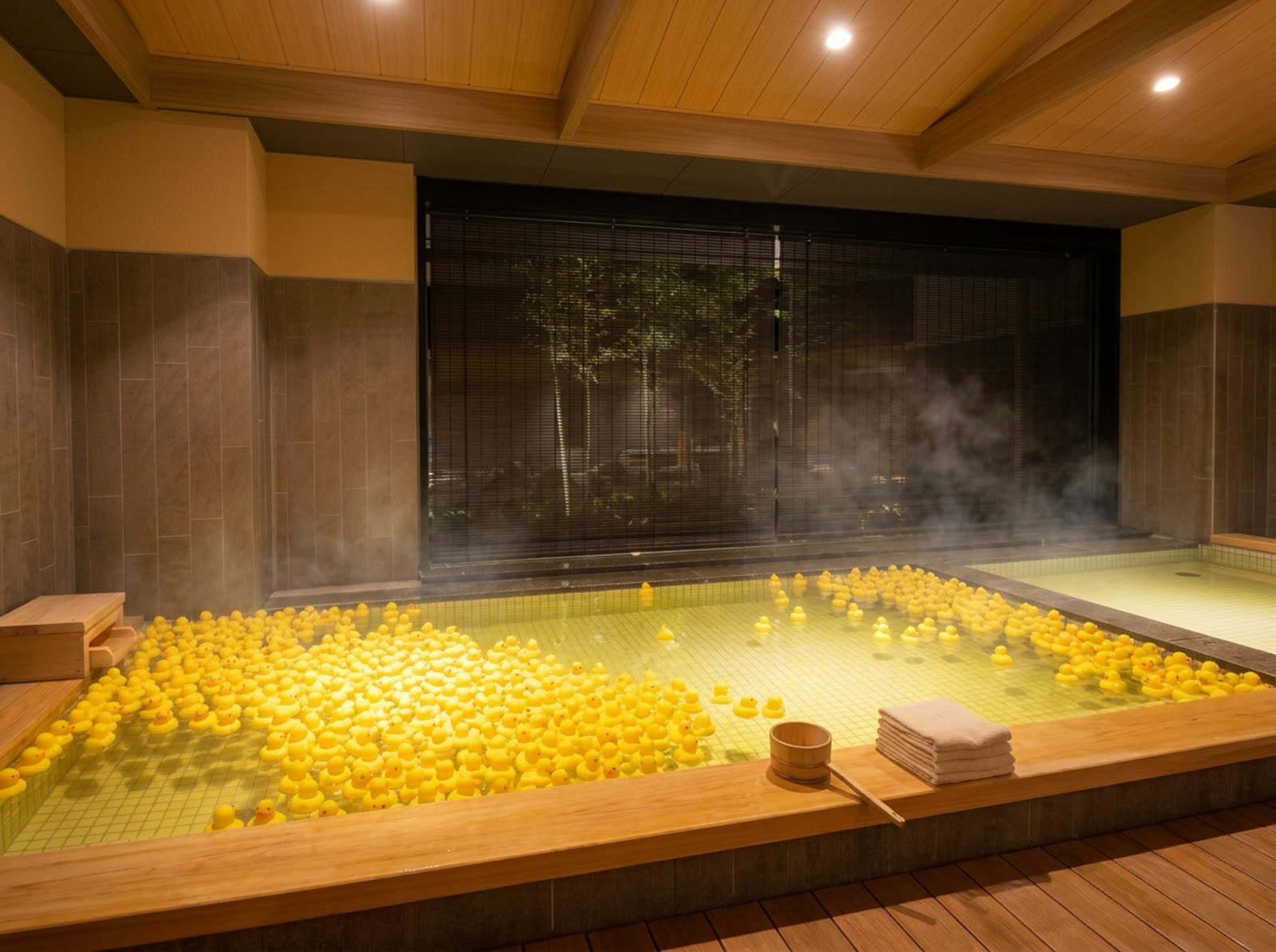 黄色いアヒルが湯船いっぱいに浮かんだアヒル湯