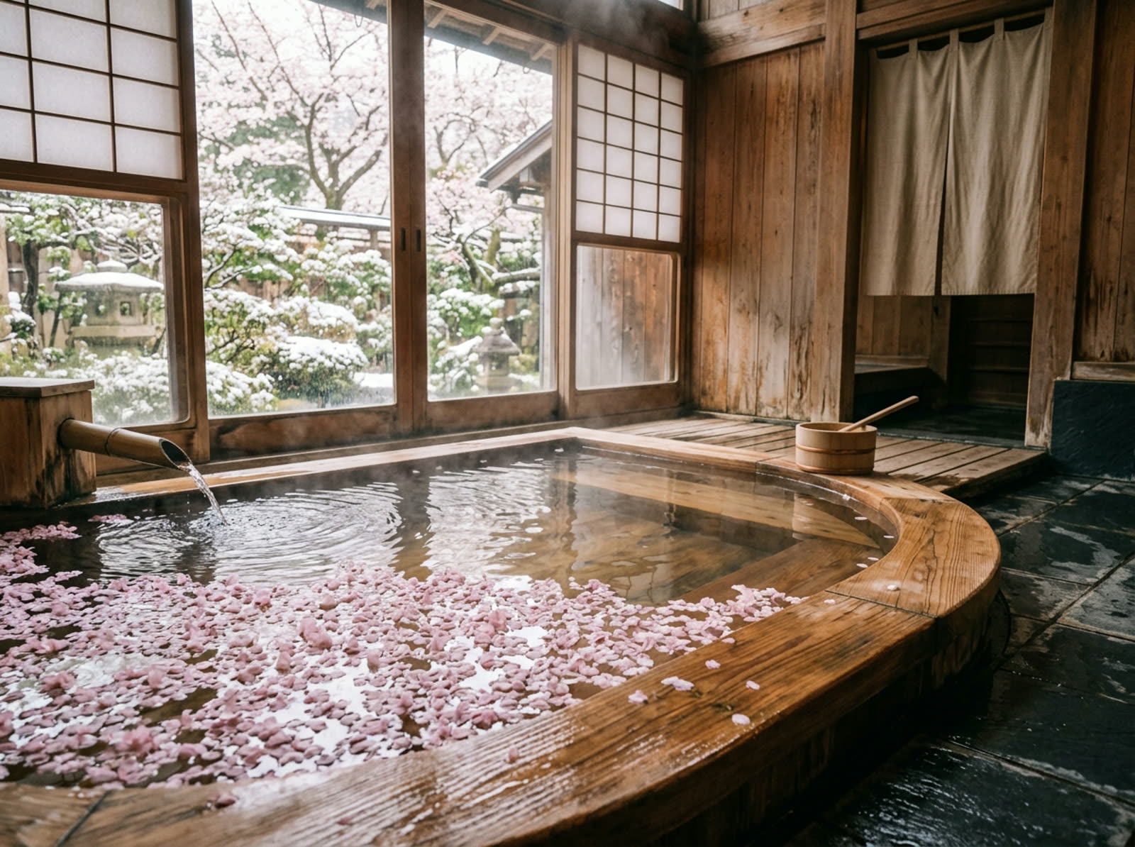 桜の花びらが浮かんだ木の湯船と、障子越しの庭