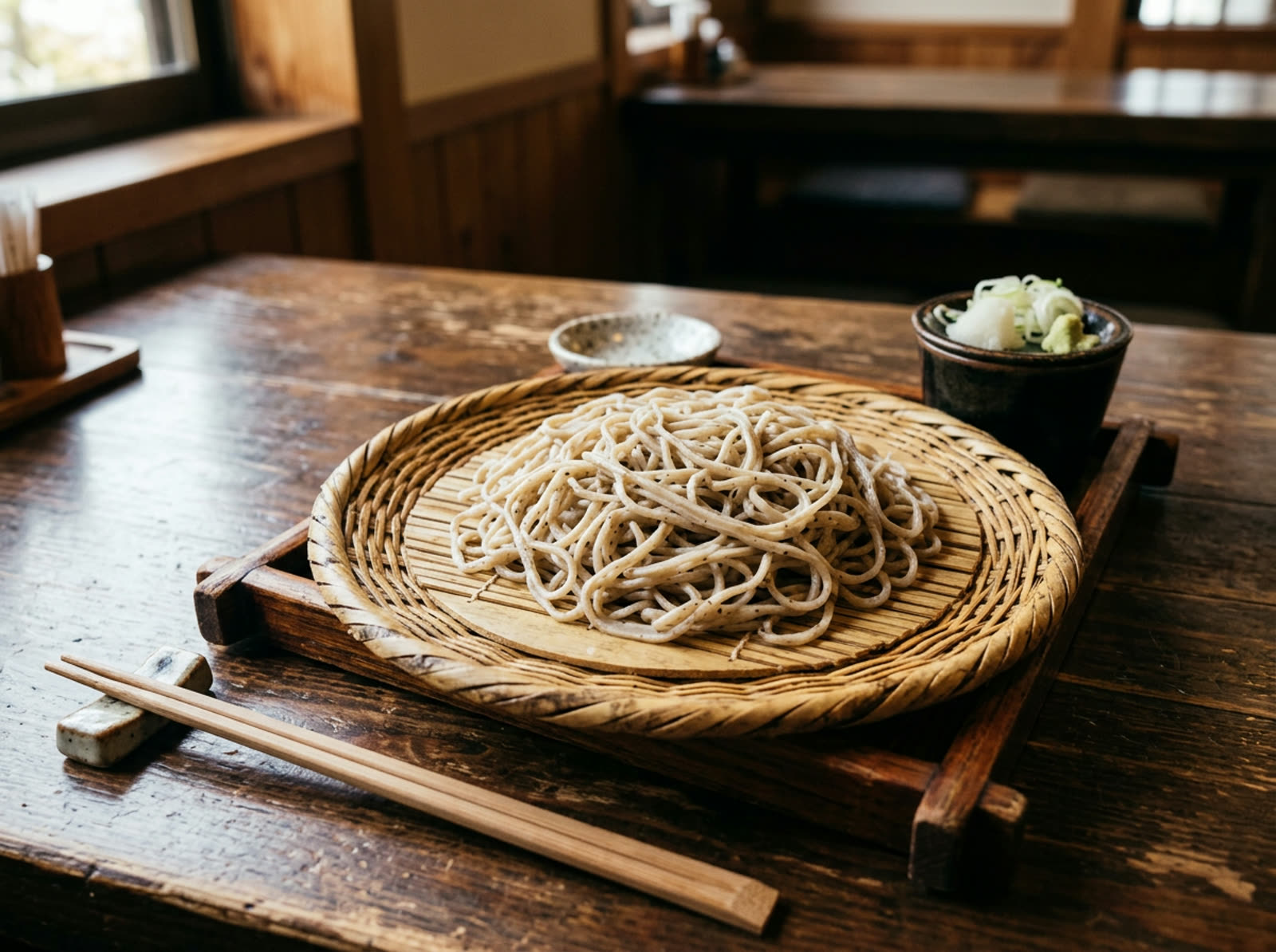 ざるに盛られた手打ち蕎麦と薬味